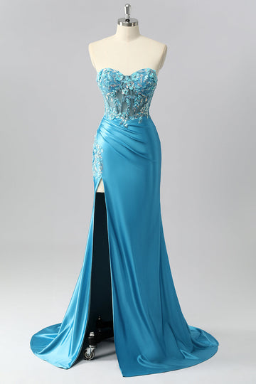 Robe De Soirée sans bretelles corset bleu sirène en satin avec appliques